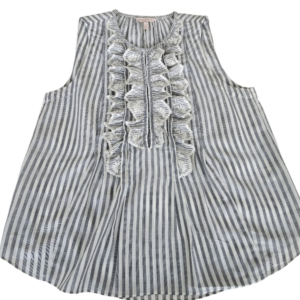 Rebecca Taylor Sleevless Gray and White Ruffle Striped Eyelet Bib Blouse - Picture 5 of 11